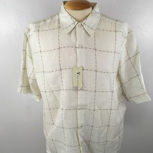 Visitor button down 100% washable linen cream tan XL shot sleeves casual shirt